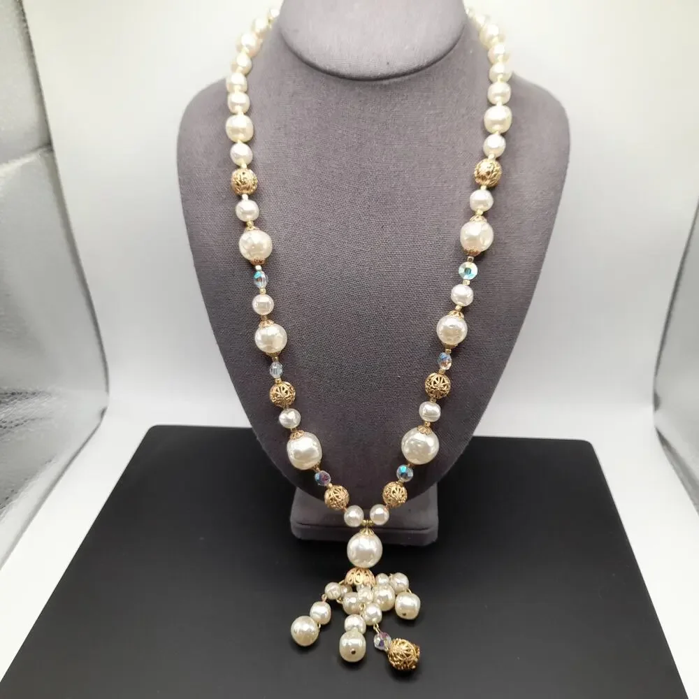 Vintage Faux Pearl Tassel Necklace, Aurora Borealis Crystals, 26